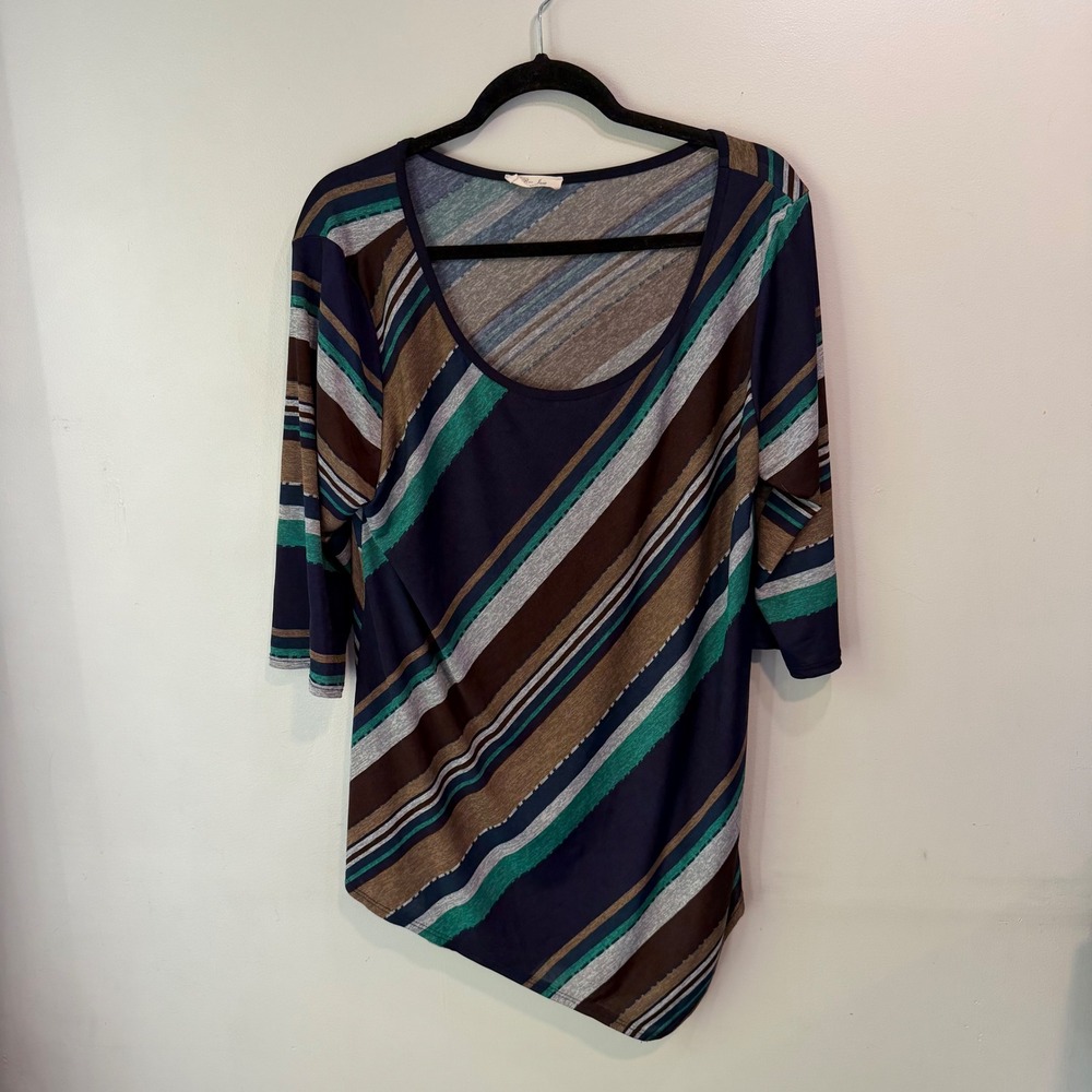 Rue Juju Womens XL Diagonal Stripe Scoop Neck Asymmetrical Hem 3/4 Sleeve Top